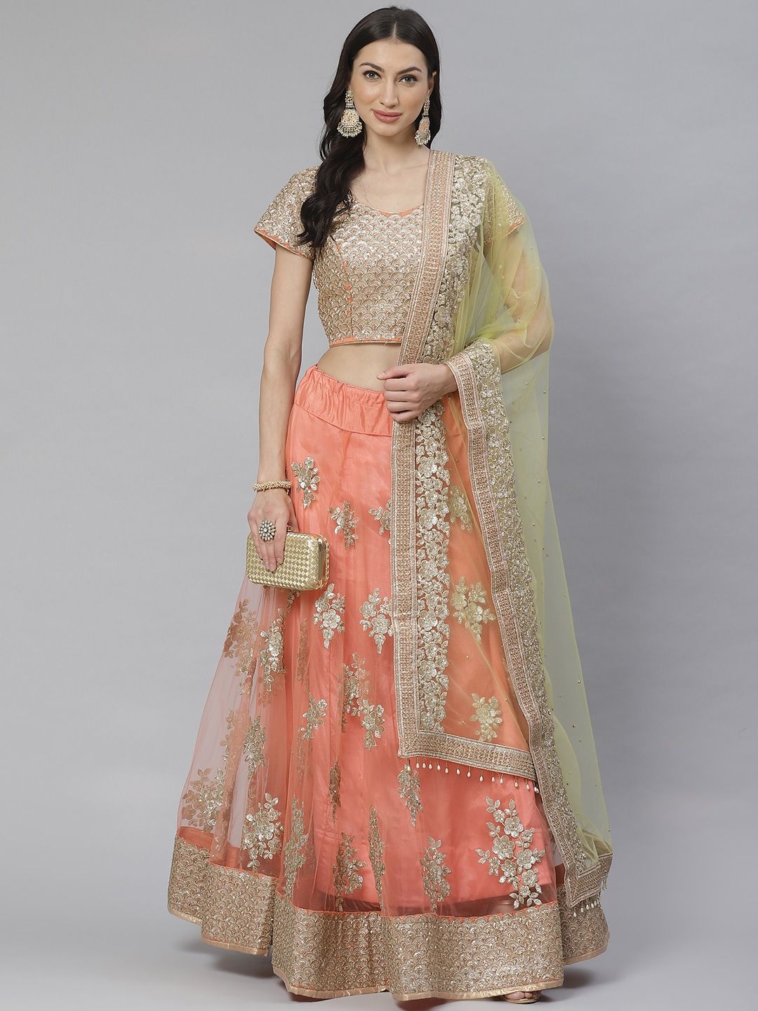 Peach Semi-Stitched Lehenga & Choli with Dupatta
