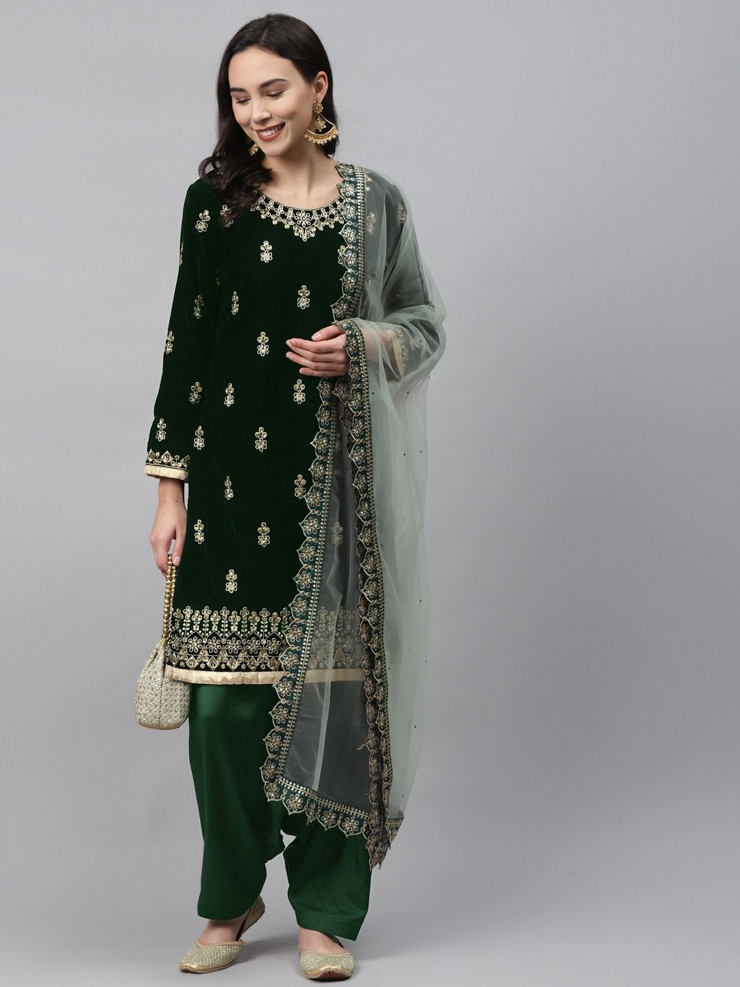 Grass Green Embroidered Velvet Kurta with Dupatta Set