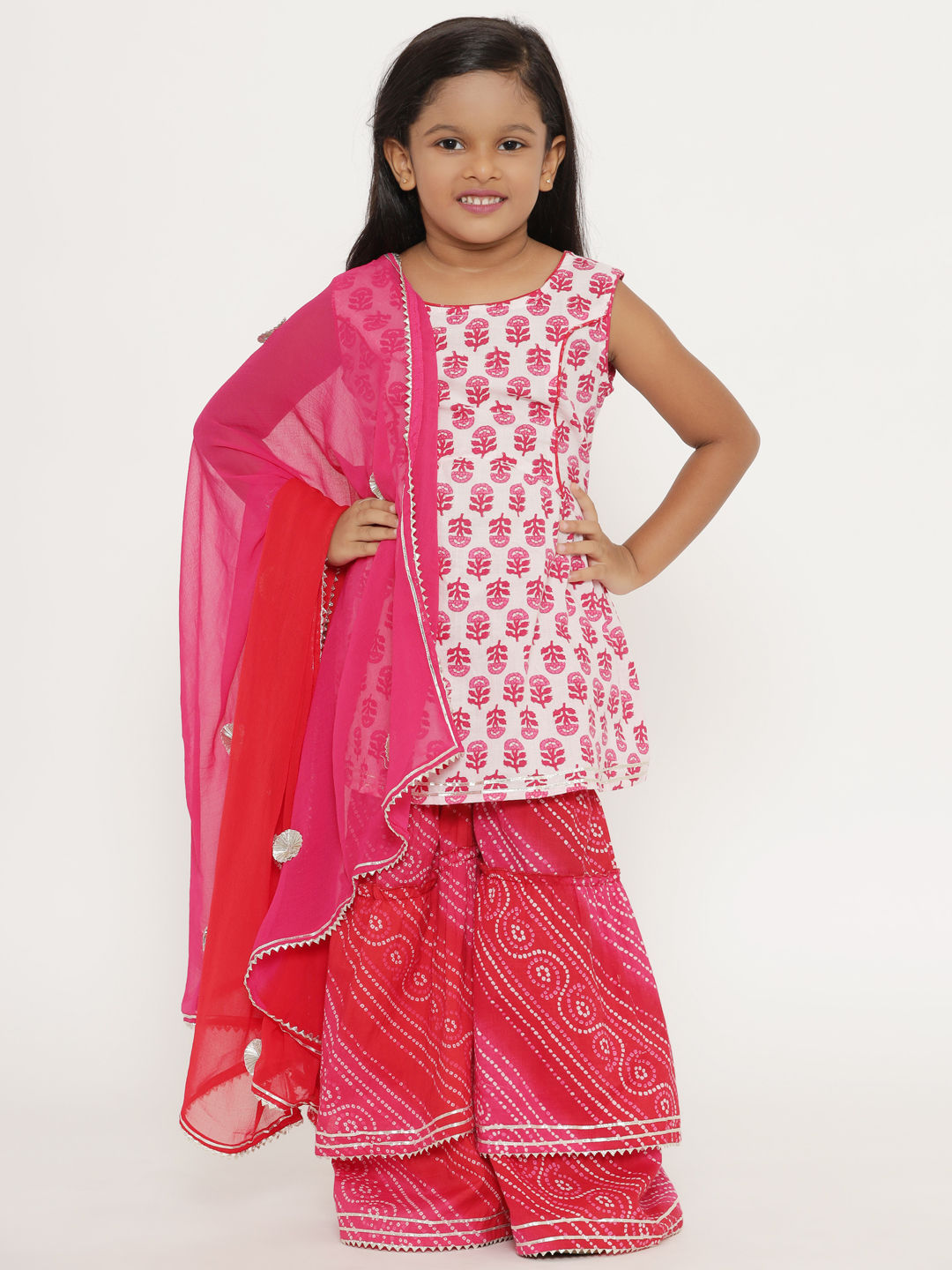 Girls Floral Printed Flared Kurta and Sharara with Dupatta