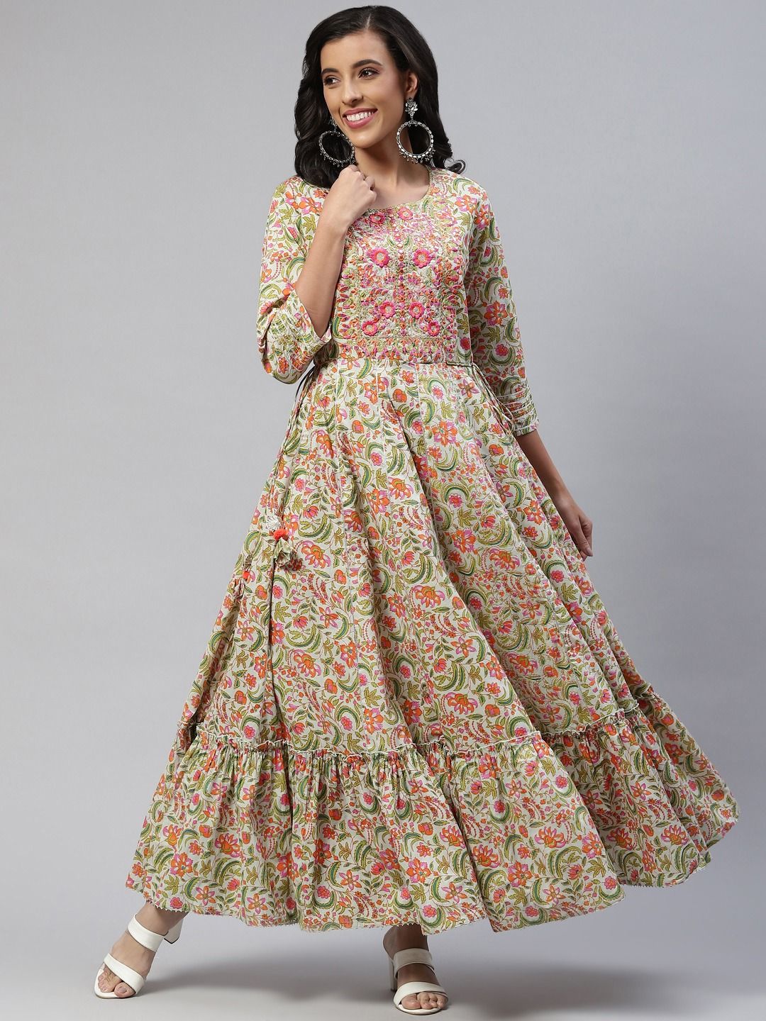 white christmas dresses Pistachio Green Long Embroided Cotton Mulmul Dress main image 1