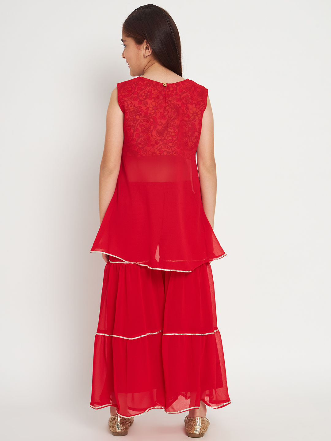 Straight style Georgette fabric Red color printed Top and Sharara