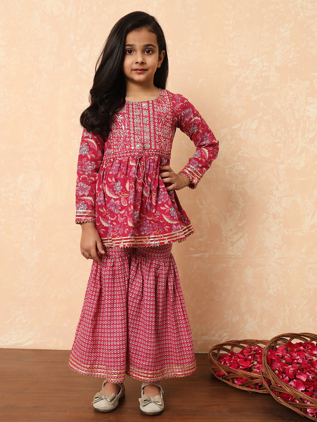 Girls Frock style Cotton fabric Pink color printed kurti and