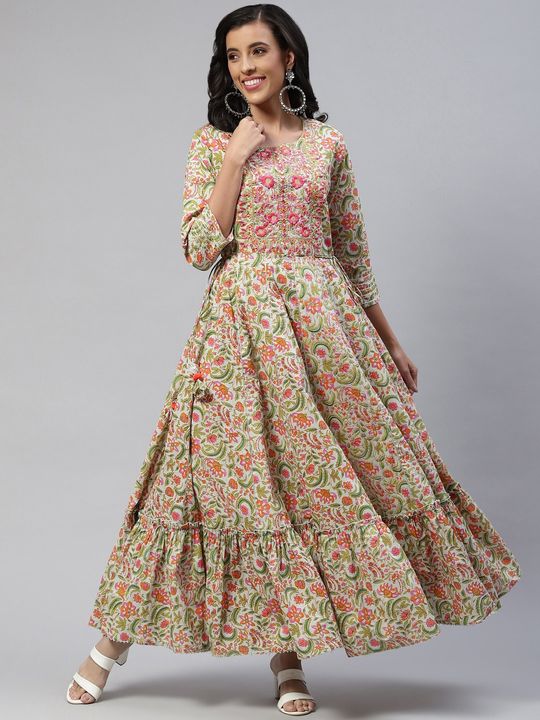 Anarkali style Cotton fabric Multi color Printed Dress with Zari Thread Mirror work