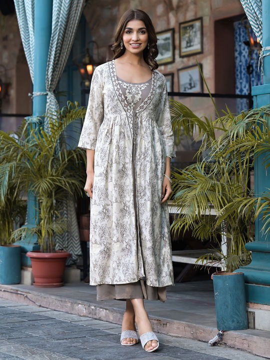 Flared Style Rayon fabric Olive Color Printed Maxi Dress and Shrug with  Aari work